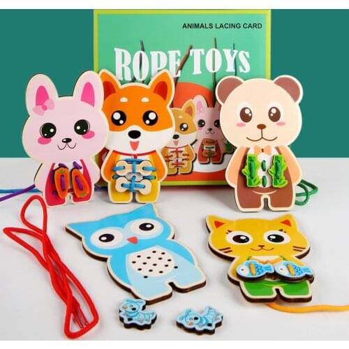 Kids Montessori Educational Toys Children Wooden DIY Puzzle Lacing Card Cartoon Animal Wooden Rope Game Early Education Gifts