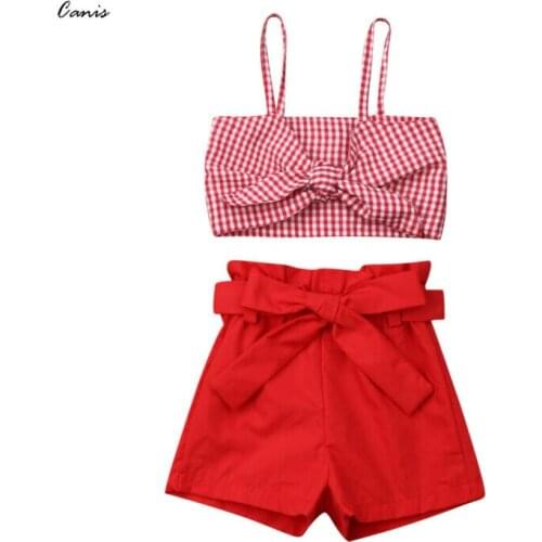 Newborn Toddler Kids Baby Girls Plaids Bowknot Crop Tops Vest Pants Shorts Outfits Set Summer Clothes Sunsuit 1-6Y