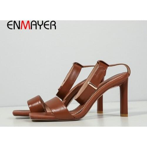 ENMAYER Genuine Leather Party Women Sandals 2020 Luxury Shoes Women Designers Buckle Strap Buckle Solid High Heels Sandals 34-39