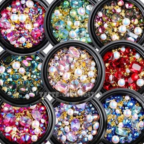 Buy 2 boxes to save shipping fee) 1 Box Mix Shapes Glitter Pearls Metal Twisted Bar Beads Heart Nail Art Rhinestone Gems Decals