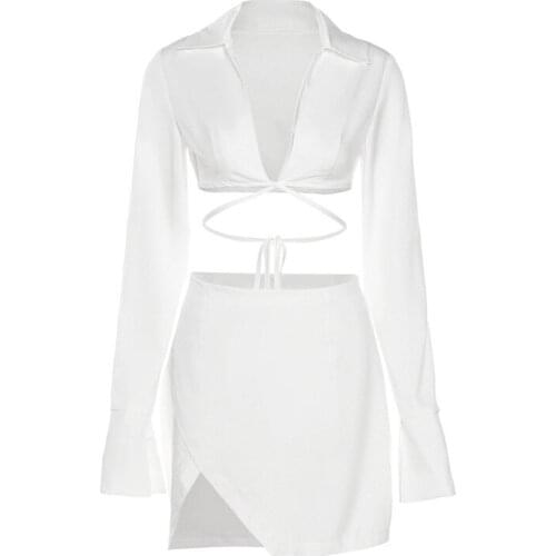 Fashion White Outfits Bandage Tie Front Top And Skirt Two Piece Sets Women 2021 Autumn Matching Set Club Party Clothes