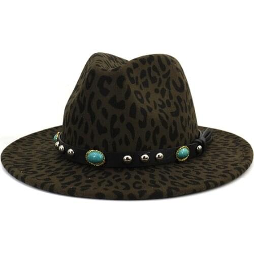 Fashion Women Men Leopard Print Show Party Wide Brim Fedora Hat Winet And Autumn Wool Felt Vintage Panama Jazz Top Cap