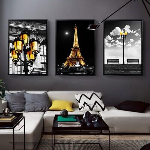 Night Paris Tower Modern Industrial Style Nordic City Landscape Canvas Painting Chair Street Lamp Poster Room Decor Wall Picture