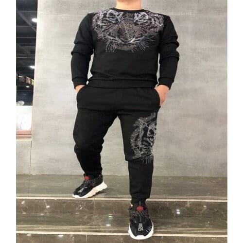 New hot drilling tiger suit pattern European and American style long sleeve pants fitness leisure plus velvet padded suit men