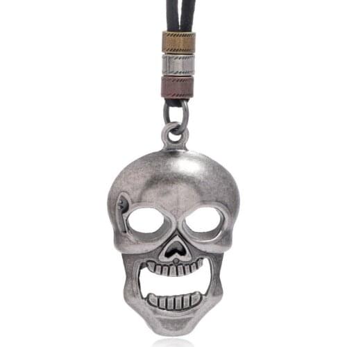 Punk Gothic Rock Men Skull Pendant Necklace Black Genuine Leather Hiphop Hollow Skeleton Charm Long Chain Hippie Fashion Jewelry