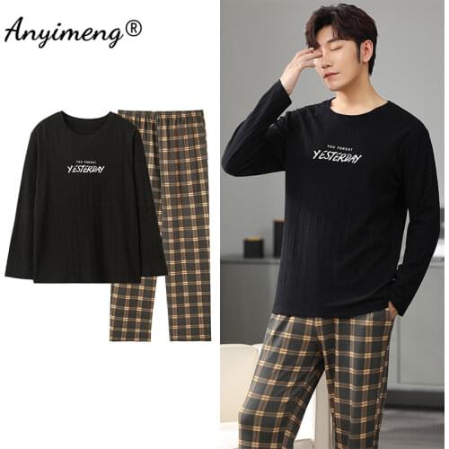 Big Size Men Pajamas Autumn Winter New Chic Gentleman Pjs Fashion Mens Casual Sleepwear Plaid Pants Cotton Pijama Set for Boy