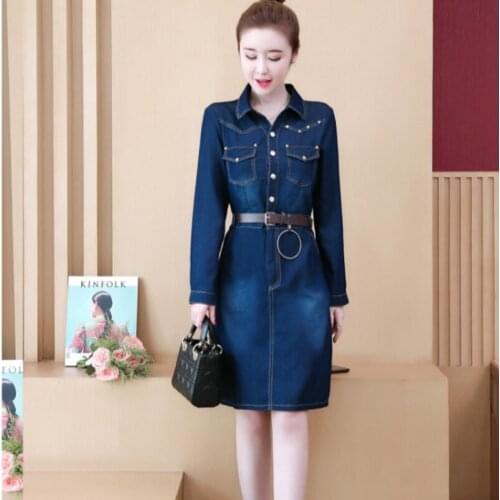 Spring Autumn Women Denim Dress New Korean Shirt Collar Long Sleeve Plus Size 5XL Ladies Office Cowboy Dresses Sukienki Damskie