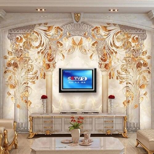 Custom 3D Mural Wallpaper Marble Tile Flower Pattern European Style Arch Roman Column Living Room TV Background Wall Painting