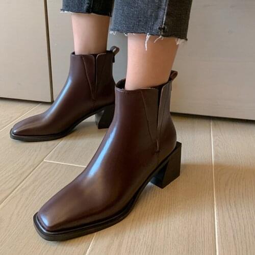 QZYERAI New winter Genuine leather Women boots Square head Female boots fashion warm cowhide Women shoes Size 34-43