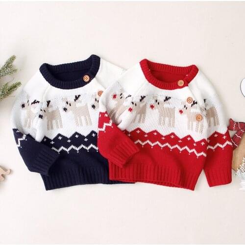 FOCUSNORM Christmas Baby Girls Boys Sweater Cartoon Print Long Sleeve Pullover Knit Tops 2 Colors 0-18M