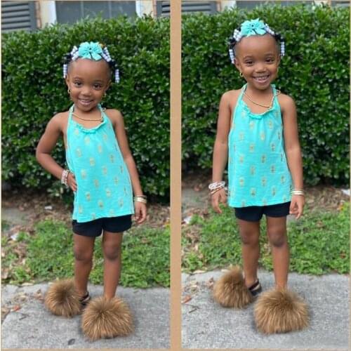 Real Fox Fur Slippers For Kids Baby Girl Toddler Strap Soft Flat Sandals Cute Fluffy Raccoon Fur Slides Children Rainbow Shoes