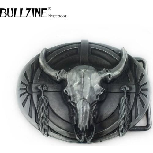 The Bullzine western bull head belt buckle with pewter finish FP-02229 suitable for 4cm width snap on belt drop shipping