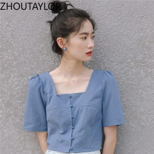 ZHOUTAYLOR Women Shirts Office Lady Square Collar SHORT Female Bluse Solid Puff Sleeve Single Breasted Femme Blouses S0302
