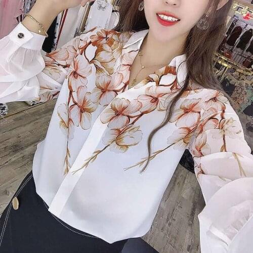 Women Spring Summer Style Chiffon Blouses Shirts Lady Casual Long Sleeve V-Neck Flower Printed Chiffon Blusas Tops DD8838