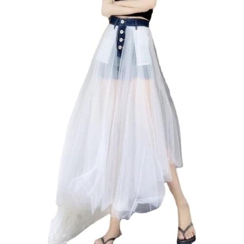 One-piece Denim Shorts Irregular Stitching Mesh Skirt Pants Women Summer High Waist Sun Screen Protection Fairy Skirts Bottoms