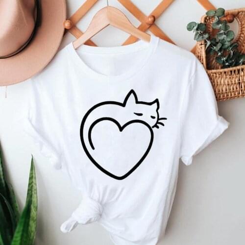 Women Summer Tshirts Cat Lovely Cute Cartoon Kawaii Fashion Short Sleeve Clothes Graphic T Top Lady Print Female Tee T-Shirt