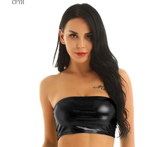 Women Sexy PU Leather Tube Tops Lady Off Shoulder Strapless Crop Top Blouse Shirt
