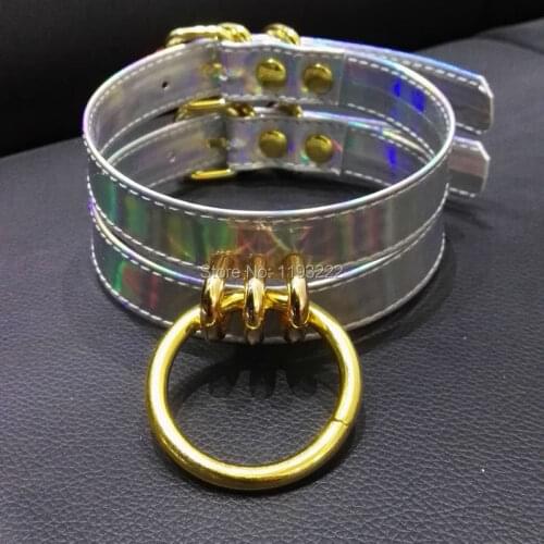 100% Handmade Womens Holographic Choker Doule Straps Layer Choker Gold Metal Circle Round Collar Fetish Necklace