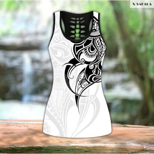 Polynesian Tattoo Hawaii 3D Printed Women Yoga Set Combo Hollow Out Tank Top Legging F35 Vest High Waist Gym Sport Elastic