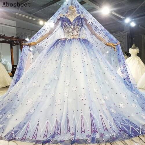 Floral Blue Ball Gown Wedding Dress 2021 Plus Size New Fashion Robe Mariee 150CM Train High Collor Long Sleeve Bridal Gown