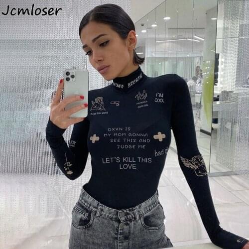 Jcmloser O Neck Long Sleeve fashion print letter Sexy Bodysuit Women Autumn Winter Body Top Casual Lady Streetwear Bodysuits