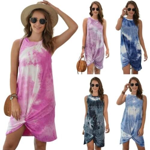 2020 Women Sleeveless Tie-Dye Midi Tank Dress Front Twist Knot Irregular Casual Loose Beach Party Sundress