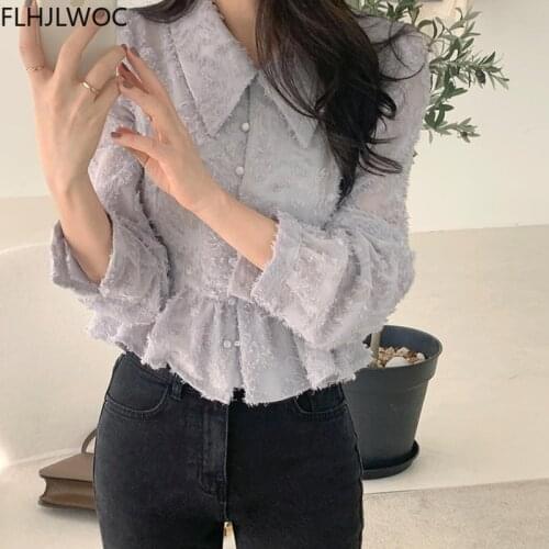 2021Chic Korea Japanese Style Girls Single Breasted Button Shirts Peplum Cute Ruffled Tops