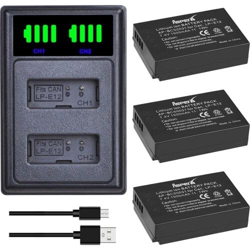 3Pc 1500mAh LP-E12 LP E12 LPE12 Li-ion Batteries + LED USB Dual Charger for Canon EOS M50 EOS M100 100D Kiss X7 Rebel SL1 Camera