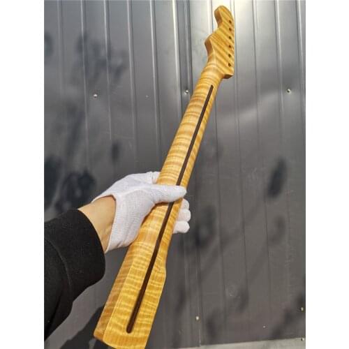 46# yellow Tiger Flame Maple Guitar Neck 21 Fret 25.5inch Dark Yellow Pearl Dot Inlay DIY