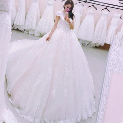 Ball Gown Wedding Dresses 2021 New Lace Appliques Cap Sleeve Bridal Gown Vestido De Novias Luxury Cathedral Train robe de mariee