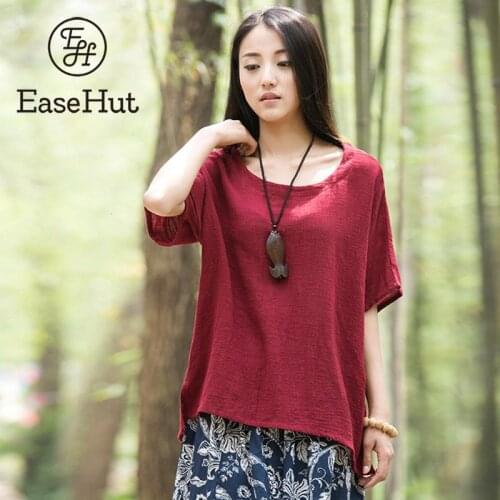 Ethnic Women Solid Blouse Cotton Low High Asymmetrical Hemline Splits O Neck Loose Casual Tops Summer Blouses blusas mujer