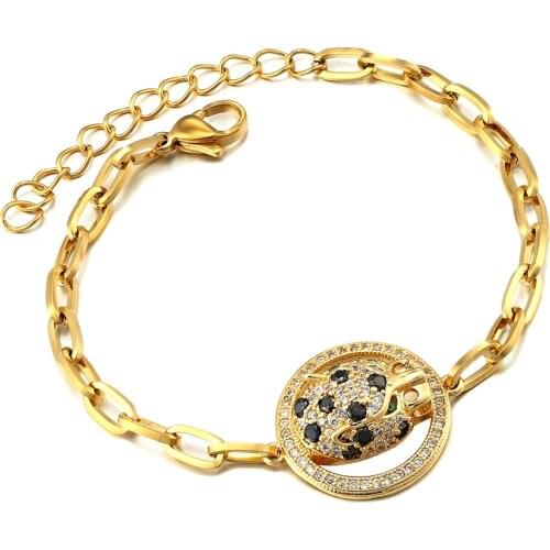 Handmade Stainless Steel Chain Bracelet Ladies Adjustable High Quality Copper Cubic Zirconia Leopard Head Bracelets Jewelry Gift