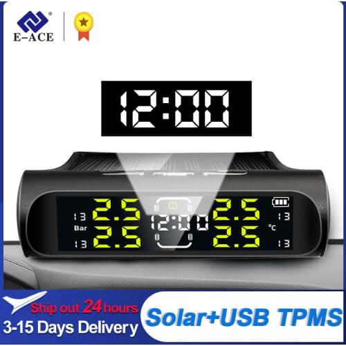 E-ACE K20 TPMS Car Tire Pressure Monitoring System Clock LCD Screen Display Solar Power Auto Tire Pressure Security Monitor