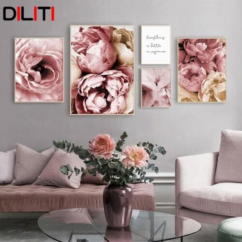 Pink Peony Flower Canvas Painting Nordic Decoration Botanical Plant Print Poster Modern Wall Art Picture for Living Room
