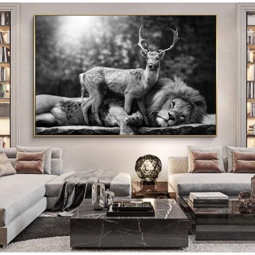 Lion And Deer Peace Wildlife Canvas Art Posters And Prints African Wild Animals Canvas Paintings On the Wall Art Pictures Cuadro