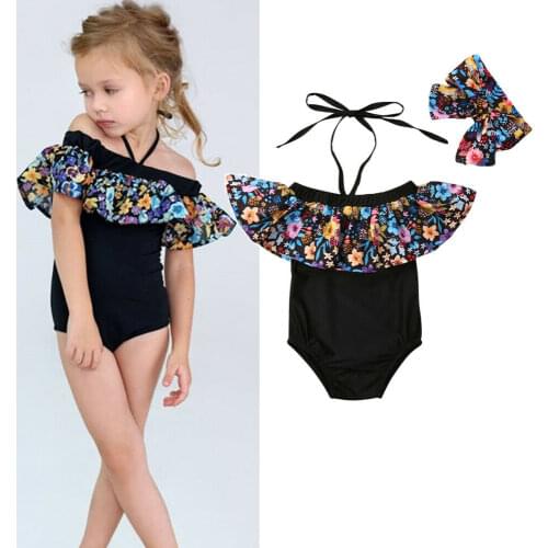 2Pcs Newborn Kids Baby Girls Beachwear Flower Ruffle Swimwear Bikini Swimsuit Headband Bathing Suit Summer One-pieces