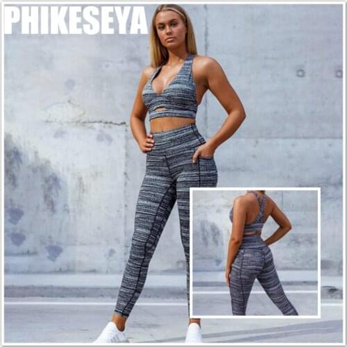 Yoga Sets Women Grey Fitness sets Patchwork cross tank top Running Sportswear Sexy Sport Suit Tracksuit Tank Top Legging