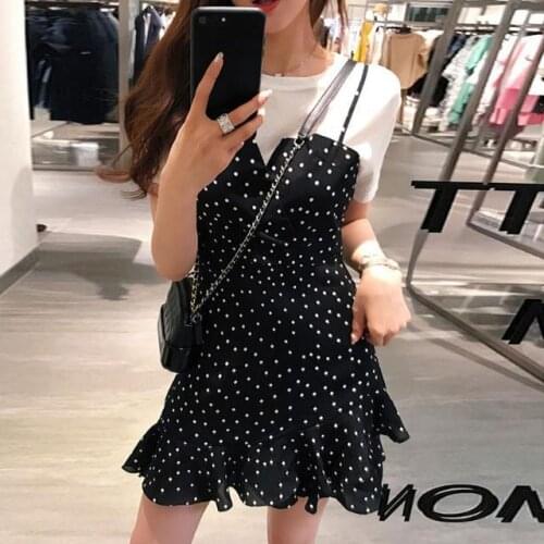 Girls Skirt Suit] New Student Korean Dress Summer White Short Sleeve + Polka Dot V-neck Dress Two-piece