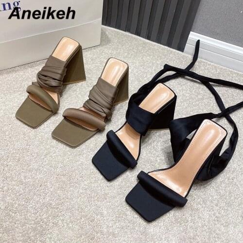 Aneikeh 2021 Summer Womens Shoes Triangle Heels Stretch Fabric Sandalias De Las Mujeres Fashion Sandals Squared Toe Size 35-41