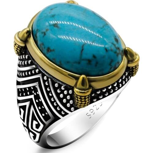 Brand New 925 Sterling Silver Mens Natural Turquoise Ring, Vintage Engraving Design, With Spinel Punk Rock Male Ring T