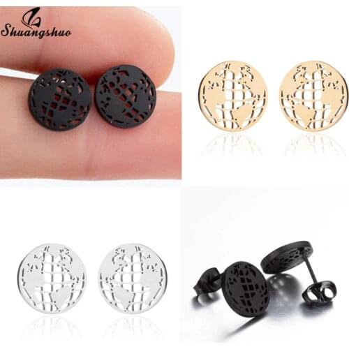 Shuangshuo Boho Geometric Map Globe Earring Piercing Stainless Steel Jewelry for Women Men Minimalist Round Ear Stud Trival Gift