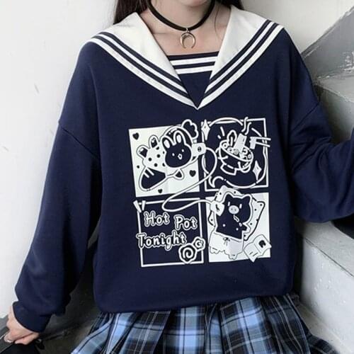 QWEEK Kawaii Hoodie Women Sailor Collar Crewneck Funny Print Anime Sweatshirt Japanese Streetwear 2021 Fashion E Girl Tracksuit