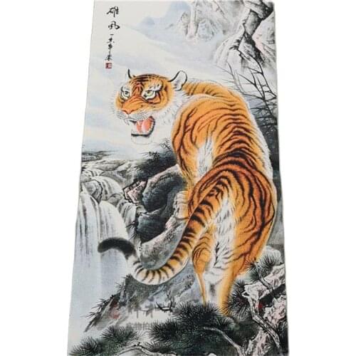 Embroidered Brocade, tiger painting, silk Thangka