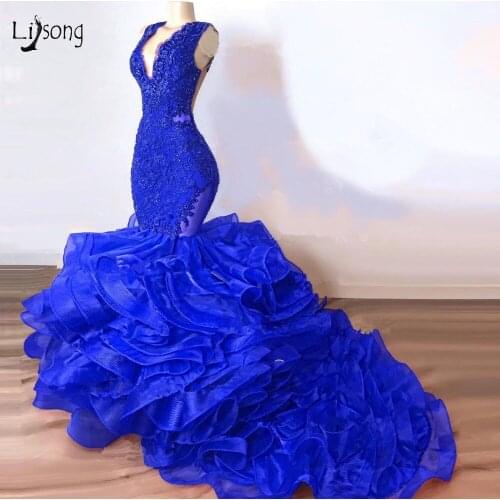 Luxury Royal Blue Lace Beaded Mermaid Prom Dresses 2019 Puffy Bottom Ruffles Long Prom Gowns Sexy Party Dress Vestido Formatura