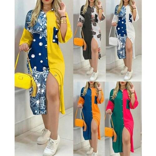 1565 Women Shirts Dresses Summer 2021 New Fashion Long Sleeve Casual Button Loose Color Contrast Print Pocket Chic Leopard Dress