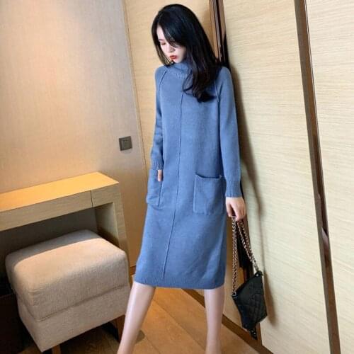 2019 Winter Dress Women Knitting Turtleneck Basic Sweater Dress Ladies Soft Warm Casual Pullover Midi Vestidos Jumper Tops f2468