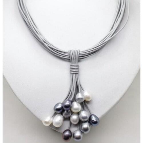 Free shipping 01-12mm Real White Black Gray Freshwater Pearl Pendant Necklace Leather Cord Magnet Clasp Fashion Jewelry