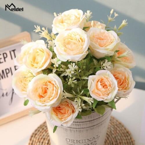 Meldel Bridesmaid Bouquet 12 Heads Rose Artificial Silk Flower Office Home Party Decoration Wedding Supplies Flower Arrangement