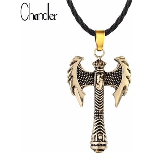 Chandler Viking Axe Weapon Pendant Minos Amulet Necklace Nordic Raven Ancient Greece Jewelry Metallic Two Sided Colier