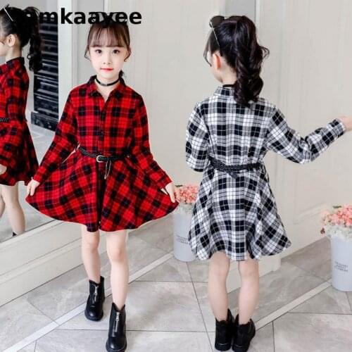 Children Dresses Spring Autumn Girls Plaid Clothes 4-15y Kids Princess Long sleeve Knee-Length Dress Draped Clothing Casual Y34